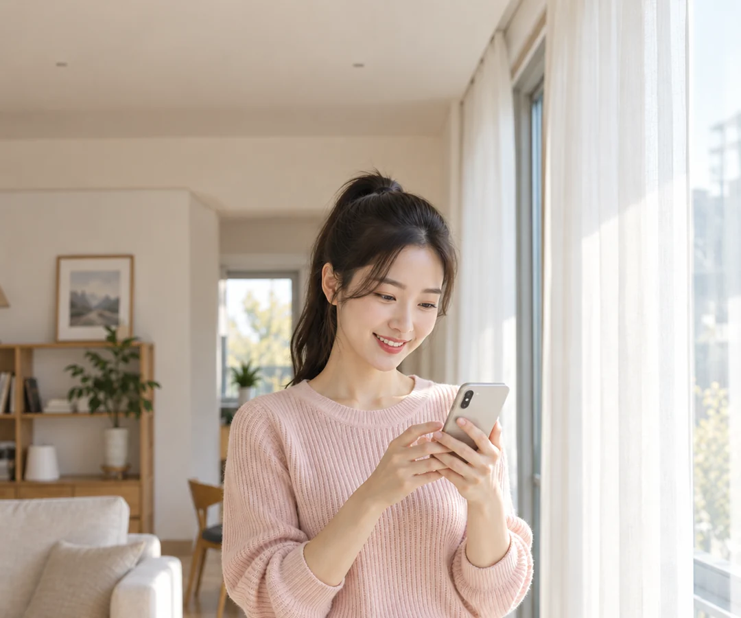 휴대전화로 문자 상담을 하며 미소 짓는 고객